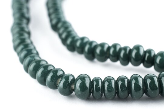The Bead Chest Dark Green Glass Donut Beads - 24 Inch Strand of Indonesian Rondelle Java Glass Beads for Crafts & Jewelry Making